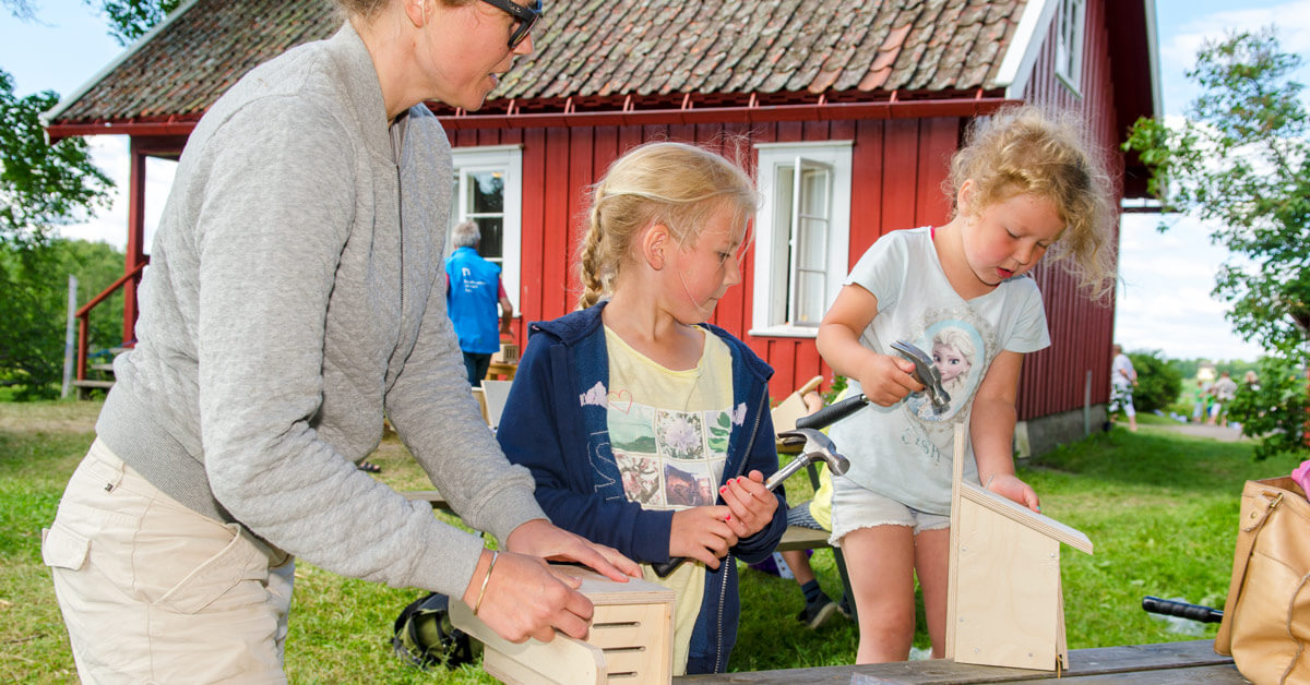 Barn som snekrer insekthus på åpen dag Ilene. Foto: Birgit Brosø