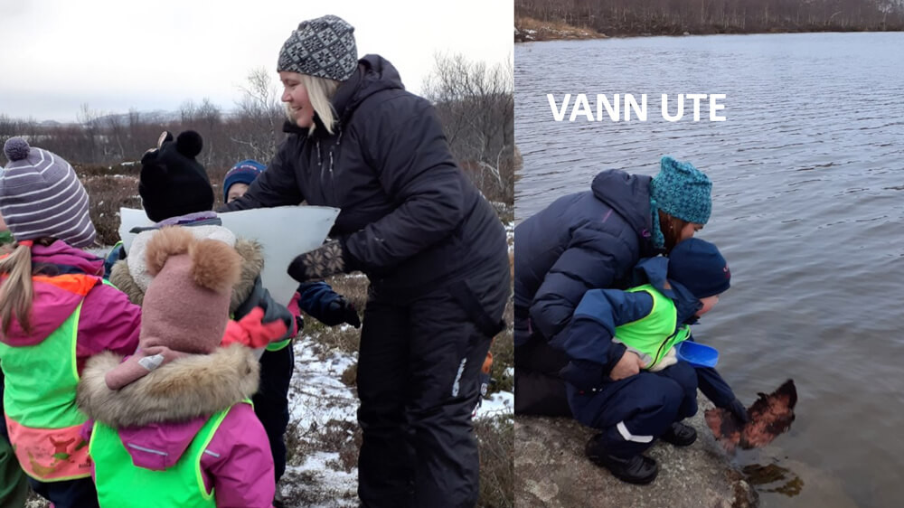 Barn og voksen som utforsker vann i Sør-Varanger