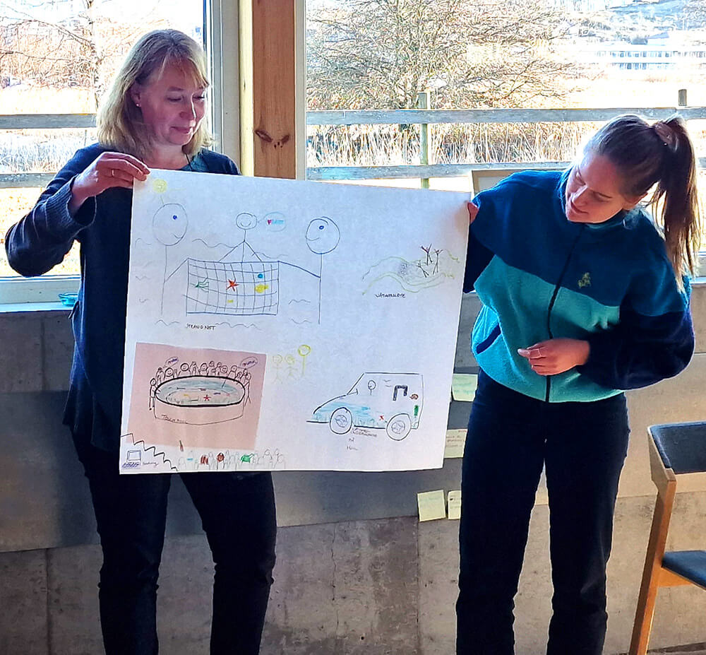 To personer som holder opp en plakat med tegninger av ideer til våtmarksløftet. Foto: Birgit Brosø