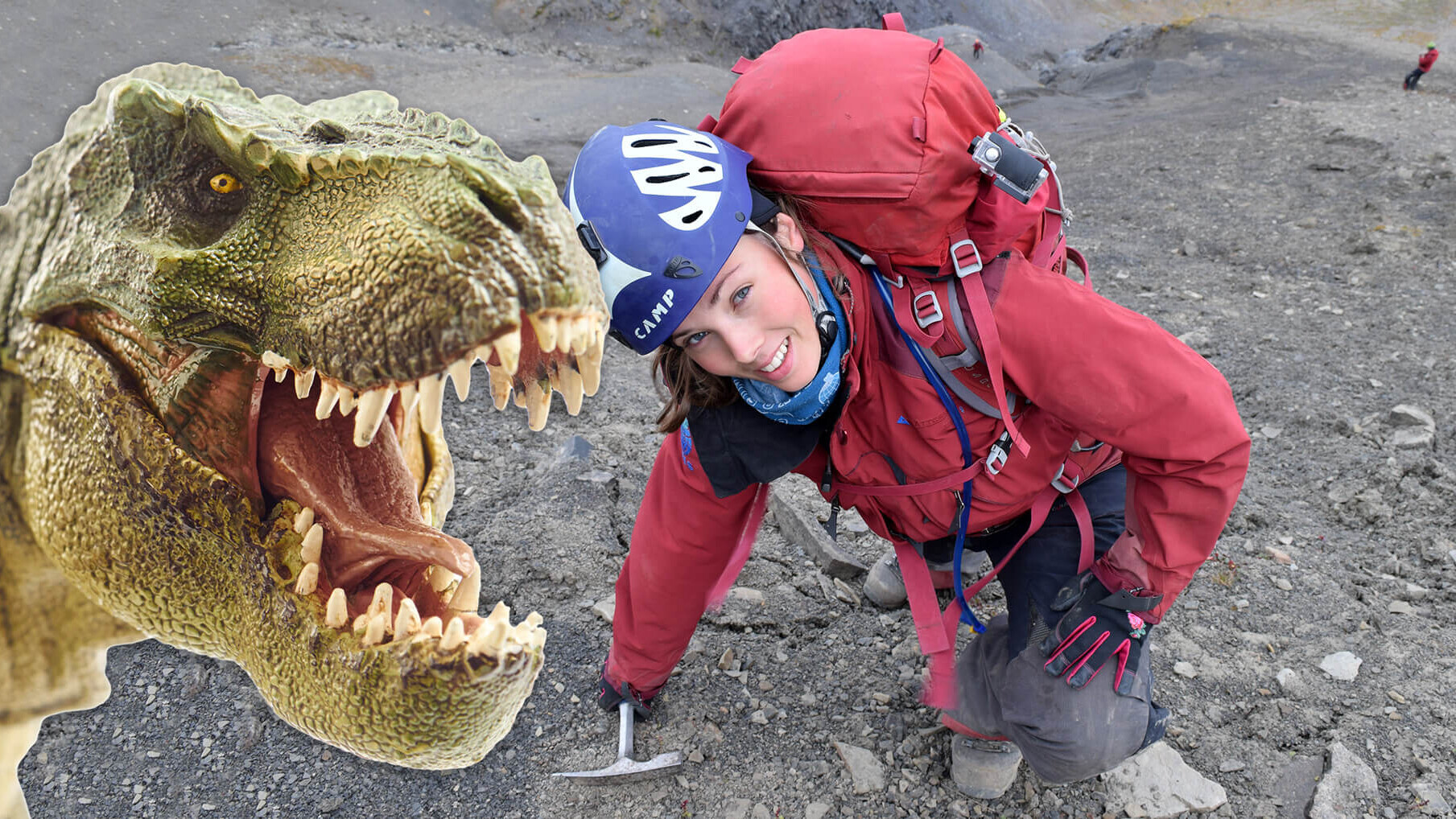 Tyrannosaurus og jente som smiler på Svalbard